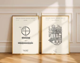 Oldtimer Patent 2er Set | Vintage Automobile Kunst | Lenkrad & Motor | Modernes Creme