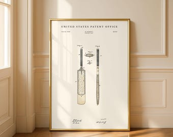 1859 Cricket Bat Patent Art | Vintage Sports Wall Art | Modern Cream or Parchment