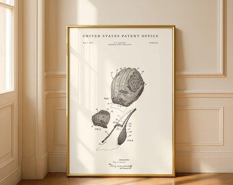 Patentzeichnung eines Baseballhandschuhs | Bauplan eines Baseballhandschuhs von 1971 | Sport-Wandkunst | Modernes Creme