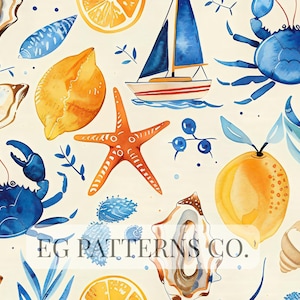 Pode incluir: Padrão em aquarela com elementos náuticos como veleiros, estrelas do mar e caranguejos em tons de azul, laranja e amarelo. O design inclui limões, ostras e conchas, com o texto "EG PATTERNS CO." na parte inferior.