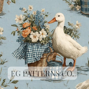 Pode incluir: Ilustração digital de um pato branco com bico laranja, perto de um cesto de flores. O fundo é azul claro com elementos florais e cestos. O texto "EG PATTERNS CO." é visível.