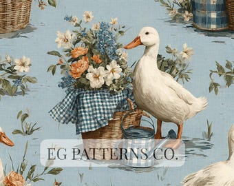 Romantic Farmhouse Duck Seamless Pattern – French Country Cottage Garden Wallpaper with Blue Gingham and Vintage Spring Florals