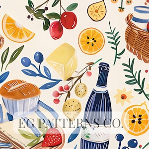 Pode incluir: Ilustração em aquarela de uma cena de piquenique com uma cesta, laranjas, queijo, bagas, uma garrafa de champanhe e um muffin. A imagem tem um fundo bege claro com detalhes em azul e verde. O texto "EG PATTERNS CO." é visível.