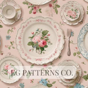May include: A selection of vintage floral plates, saucers, and teacups against a pink floral backdrop. The plates display pink roses and green leaves. A silver fork is also present. The text "EG PATTERNS CO." is at the bottom.
