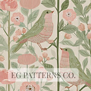 Pode incluir: Padrão repetitivo com pássaros e flores estilizados em tons de rosa, verde e bege. Os pássaros têm asas verdes e peitos rosa, empoleirados entre grandes flores rosa e folhas verdes. O texto "EG PATTERNS CO." está na parte inferior.
