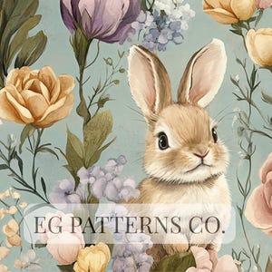 Puede incluir: Ilustración en acuarela de un conejo marrón rodeado de flores y follaje en tonos pastel. El conejo tiene orejas grandes y ojos oscuros. El fondo es de un suave verde azulado. El texto en la parte inferior dice "EG PATTERNS CO."