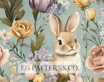 Cottagecore Floral Bunny Seamless Pattern | Vintage Bunny Wallpaper | Soft Pastel Rabbit Nursery Wallpaper