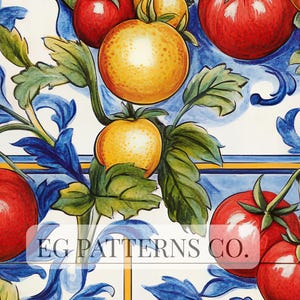 Pode incluir: Um padrão vibrante em aquarela com tomates vermelhos maduros e frutas amarelo-douradas, possivelmente laranjas ou limões, com folhas verdes e detalhes florais azuis. O design inclui o texto "EG PATTERNS CO."