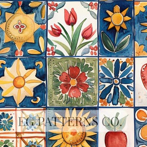 Pode incluir: Uma coleção de azulejos em aquarela com desenhos florais e geométricos. Cada azulejo apresenta um padrão único, incluindo girassóis, tulipas e formas abstratas, sobre um fundo azul e branco. O texto "EG PATTERNS CO." é visível.