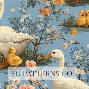 Puede incluir: Un patrón de estilo vintage con gansos blancos, patitos amarillos y flores coloridas sobre un fondo azul claro. El diseño incluye elementos florales y una escena acuática, creando un tema pastoral caprichoso.