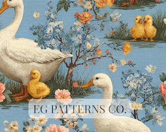 Vintage Duck & Duckling Seamless Pattern – Cottage Garden Nursery Floral Design, Classic Blue Toile Farmhouse Fabric, Wallpaper Print