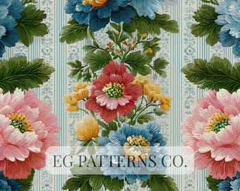 May include: Floral pattern featuring large peonies in shades of pink, red, and blue, with green foliage. The background has vertical blue stripes and small floral accents. The text "EG PATTERNS CO." is across the bottom.