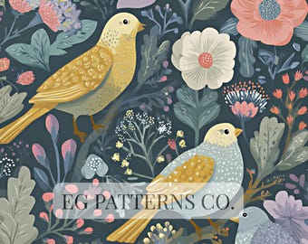 Scandinavian Folk Bird Floral Seamless Pattern, Wildflower Meadow Wallpaper Design, Navy Botanical Fabric Print for Home Decor