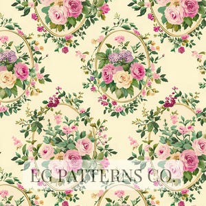 May include: A repeating pattern of floral bouquets in oval frames. The bouquets feature pink and cream roses, purple hydrangeas, and greenery on a cream background. The text "EG PATTERNS CO" is visible at the bottom.