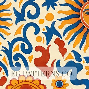 May include: A vibrant, repeating pattern featuring stylized suns, flowers, and abstract shapes in shades of blue, orange, and red against a cream background. The design includes the text "EG PATTERNS CO."