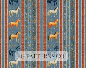 Vintage Equestrian Horse Seamless Pattern – Rustic Farmhouse Striped Floral Western Wallpaper & Fabric Print
