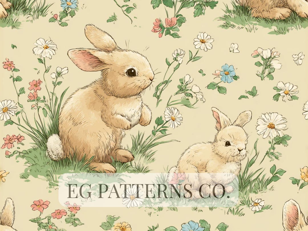 Easter Bunny Meadow Seamless Pattern | Cute Baby Bunnies With Flowers ...