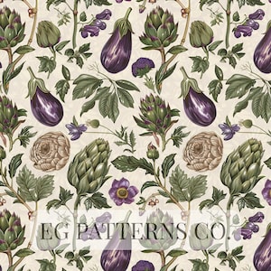 Pode incluir: Padrão repetitivo com ilustrações de beringelas, alcachofras e flores em tons de roxo, verde e castanho sobre um fundo creme. O texto "EG PATTERNS CO" é visível na parte inferior.