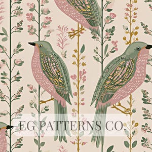 Può includere: Un motivo ripetuto con uccelli stilizzati con petto rosa e ali verdi, appollaiati su rami con fiori rosa e foglie verdi. Lo sfondo è beige chiaro. Il testo "EG PATTERNS CO." è visibile.