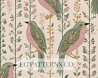 Vintage Bird Floral Vertical Stripe Seamless Pattern, Cottagecore Botanical Wallpaper, William Morris Inspired Fabric Print Design