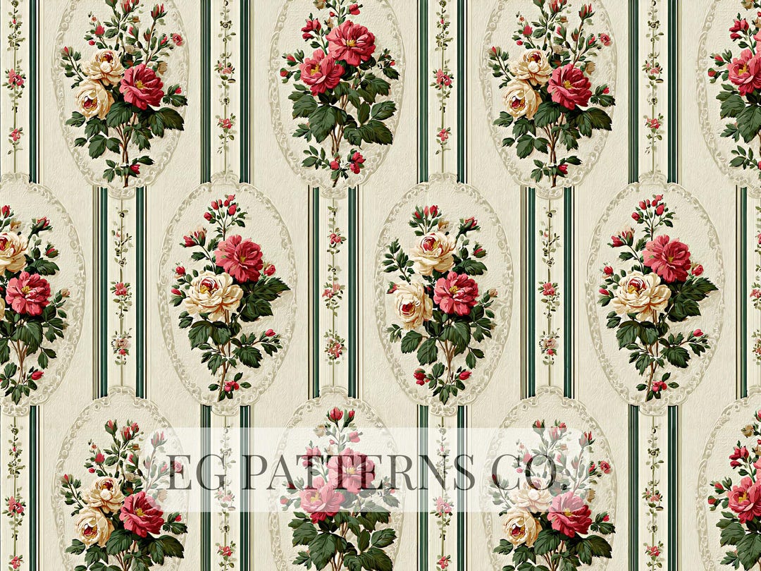 Victorian Red Rose Stripe Seamless Pattern, Antique Floral Panel ...