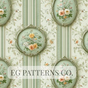Pode incluir: Padrão repetitivo com molduras ovais com arranjos florais em tons de pêssego, amarelo e branco, em um fundo de listras verdes e creme e motivos florais. O texto "EG PATTERNS CO." é visível.
