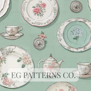 May include: An illustration of vintage tea party items, including plates, teacups, a teapot, and silverware, all with floral designs. The items are arranged on a light green background. The text "EG PATTERNS CO." is visible.