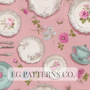 May include: A pink background with a repeating pattern of vintage plates, silverware, and floral arrangements. The plates feature floral designs, and the silverware is intricately detailed. The text "EG PATTERNS CO." is visible.