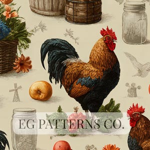 Pode incluir: Ilustração digital com um galo, maçãs, flores e cestos. O galo tem penas castanhas, pretas e azuis com uma crista vermelha. A imagem inclui o texto "EG PATTERNS CO."