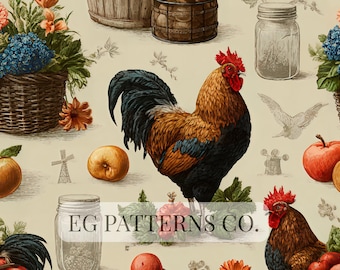 Vintage Farmhouse Rooster Harvest Seamless Pattern – Rustic Country Market Chicken Print, Cottage Kitchen Wallpaper and Commercial Use