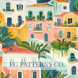 Könnte beinhalten: Farbenfrohe Aquarellillustration eines europäischen Dorfes mit Gebäuden in Orange, Rosa und Gelb. Das Bild zeigt Fenster, Türen und Balkone mit Topfpflanzen. Der Text "EG PATTERNS CO." ist sichtbar.