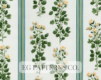 May include: A repeating pattern featuring white roses with yellow centers and green leaves on a white background. Vertical stripes in shades of blue and green frame the floral design. The text "EG PATTERNS CO." is visible.