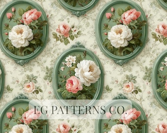 May include: A repeating pattern featuring oval green frames with floral arrangements of white and pink roses. The background has a light green floral design. The text "EG PATTERNS CO." is visible at the bottom.