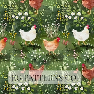 Pode incluir: Um padrão repetitivo com galinhas, borboletas e flores silvestres em um fundo verde. As galinhas são retratadas em várias cores, incluindo branco e marrom. O texto "EG PATTERNS CO." é visível.