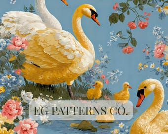 Vintage Swan Floral Seamless Pattern – Cottagecore Duck Pond Toile Design with Baby Cygnets, Spring Garden Nursery for Commercial Use