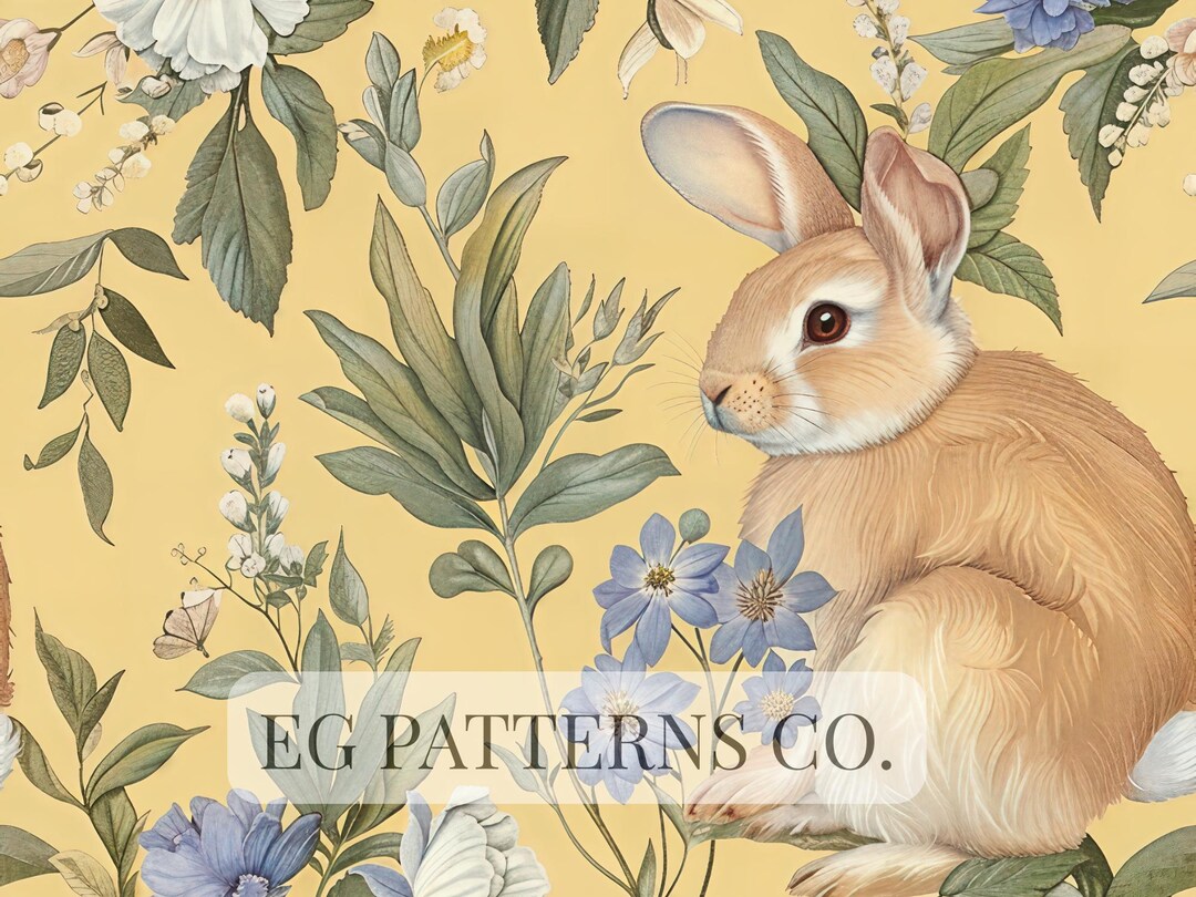Vintage Rabbit Background Pattern Vintage Botanical Bunny Seamless Pattern – Yellow Floral Rabbit Nursery ...
