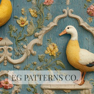 French Country Duck Rococo Seamless Pattern – Vintage European Floral Wallpaper, Grandmillennial Cottage Manor Fabric Design