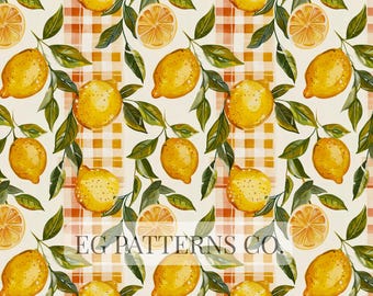 Checkered Lemon Seamless Pattern | Bold Citrus Illustration | Modern Mediterranean Design | Italian Farmhouse Style