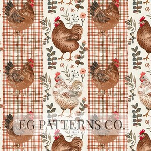 May include: A repeating pattern featuring brown chickens with red combs and waddles, set against a cream background with vertical stripes of a plaid design. Floral and leaf accents are interspersed throughout the design. The text "EG PATTERNS CO." is at the bottom.