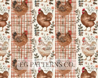 Farmhouse Chicken Seamless Pattern | Rustic Hen Illustration with Gingham for Fabric & Paper | Country Kitchen Style | Cottage Farm Chicken