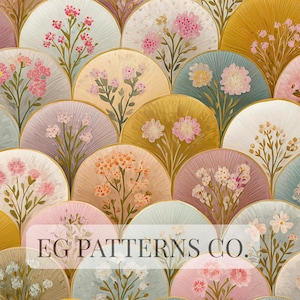May include: A repeating pattern featuring fan-shaped designs in various pastel colors, including pink, yellow, and blue. Each fan shape contains a floral arrangement. The text "EG PATTERNS CO." is displayed at the bottom.