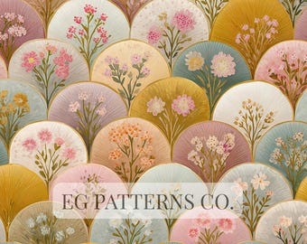 Art Deco Floral Scallop Seamless Pattern, Retro 1920s Fan Wallpaper, Vintage Mid Century Botanical Fabric Design | Retro Scallop Fan Floral