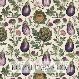 May include: A repeating pattern featuring illustrations of eggplants, artichokes, and flowers in shades of purple, green, and tan. The design includes detailed botanical elements, creating a vintage aesthetic. The text "EG PATTERNS CO" is visible at the bottom.