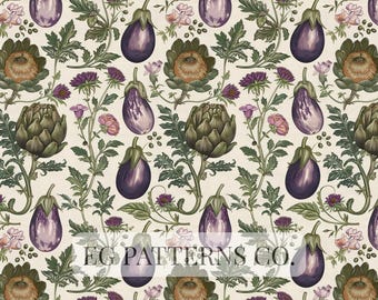 Botanical Seamless Pattern with Vintage Vegetables & Florals | Artichoke, Eggplant and Mediterranean Garden Style for Fabric or Wallpaper