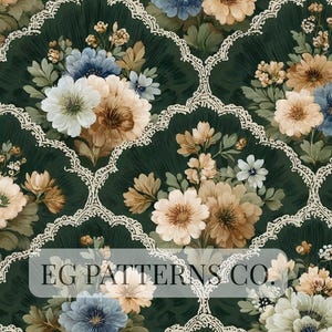 Puede incluir: Patrón floral verde oscuro con ribete crema similar al encaje. El diseño presenta ramos de flores en tonos crema, beige y azul. El texto "EG PATTERNS CO." es visible en la parte inferior de la imagen.
