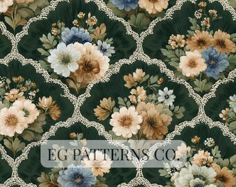Emerald Green Vintage Floral Seamless Pattern, Moody Cottage Lace Wallpaper, Classic Heritage Botanical Fabric | Luxury Vintage Pattern