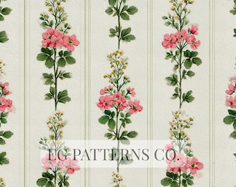 May include: Floral pattern featuring vertical rows of pink and yellow flowers with green leaves on a cream background with vertical stripes. The text "EG PATTERNS CO." is visible at the bottom.