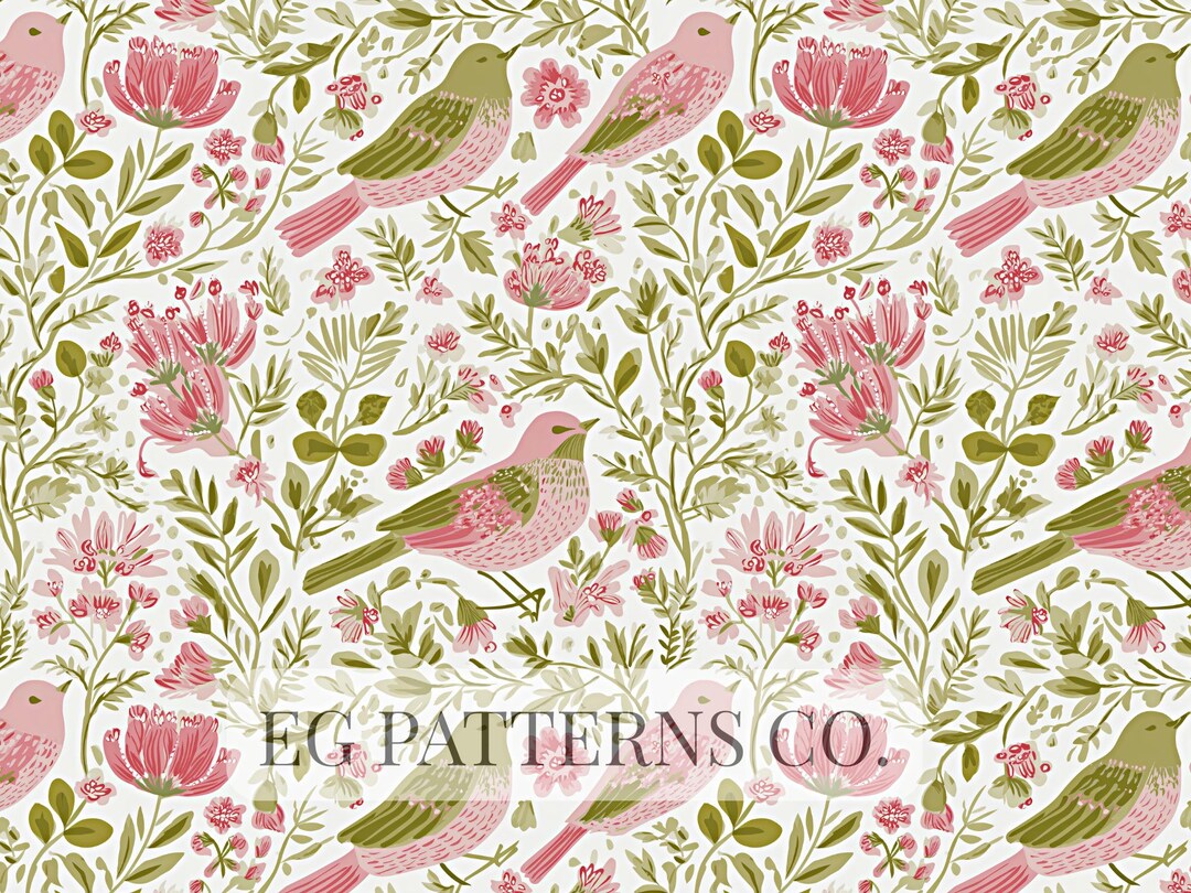 Pink Bird Pattern Cute Pink Bird Floral Seamless Pattern for Nursery, Cottagecore Fabric ...