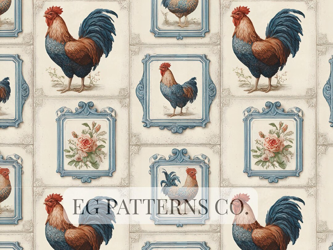 Elegant French Country Rooster Seamless Pattern, Vintage Baroque Frame ...