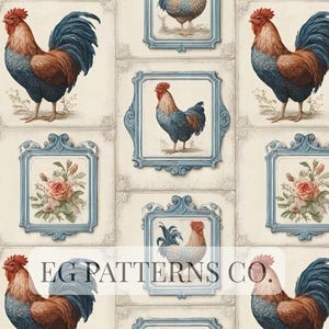 Pode incluir: Padrão repetitivo com galos de plumagem castanha e azul, emoldurados por bordas azuis claras ornamentadas. O design inclui arranjos florais emoldurados e o texto "EG PATTERNS CO." em estilo vintage, para tecido ou papel de parede.